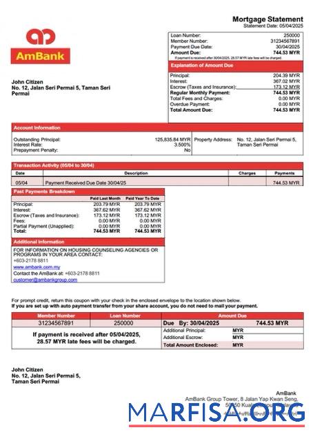 Blank Malaysia AmBank mortgage statement Word and PDF template
